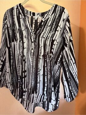 Notations Black & White Striped V-Neck Button-Front Blouse